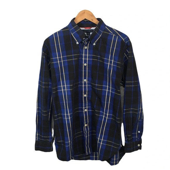 BF237 Mens Tommy Hilfiger Plaid 80s 2 Ply Cotton Button Down Shirt L - Picture 1 of 4